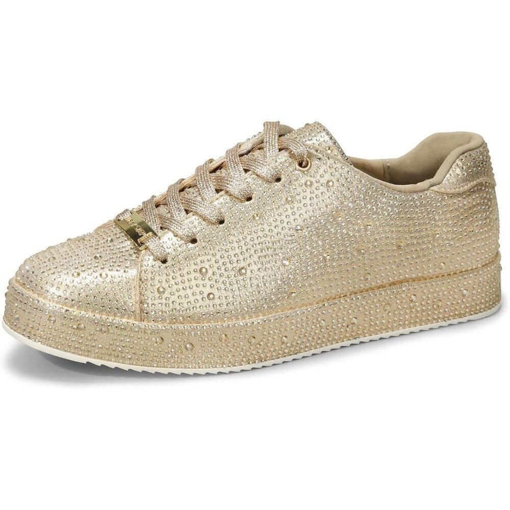 Lucky Step Gold Pewter Bridal Rhinestone Bling Glitter Bedazzled Shiny Sneakers